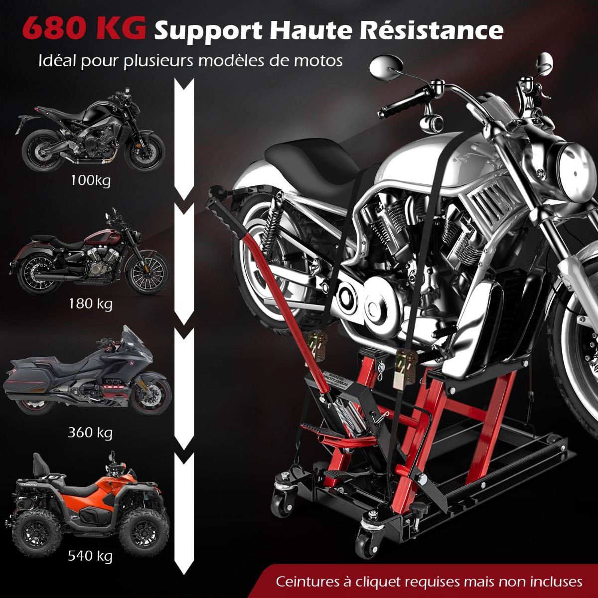 Cric Hydraulique pour Moto Capacité de 680 kg Table Élévatrice Moto Plateforme Réglable en Hauteur sur 3 Niveaux Rouge/Noir