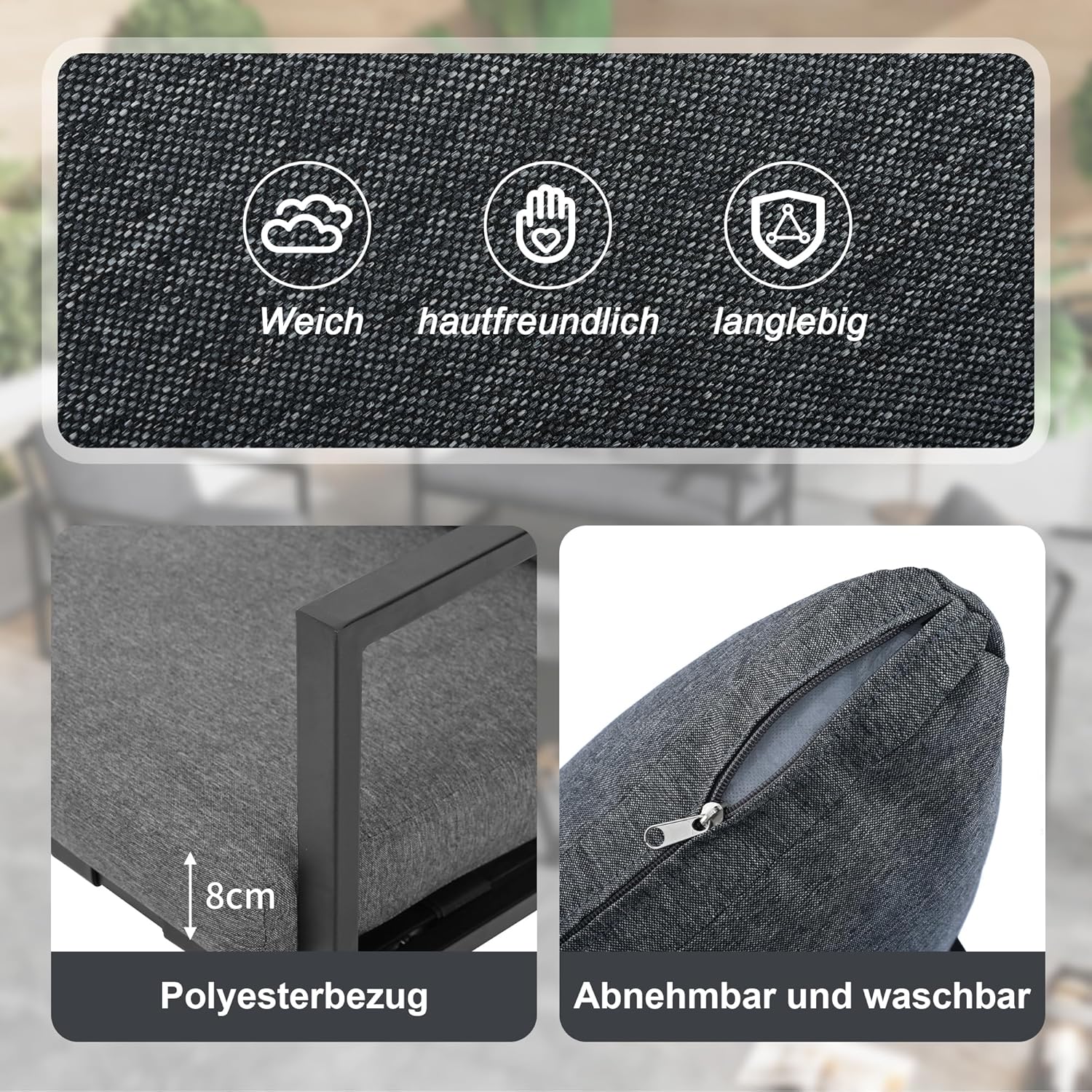 Zepneiy Salon de Jardin, Salon de Jardin 4 Personnes, avec canapé, Table Basse et Coussins, Housse en Tissu déhoussable et Lavable, Noir (Coussins d'assise Inclus)