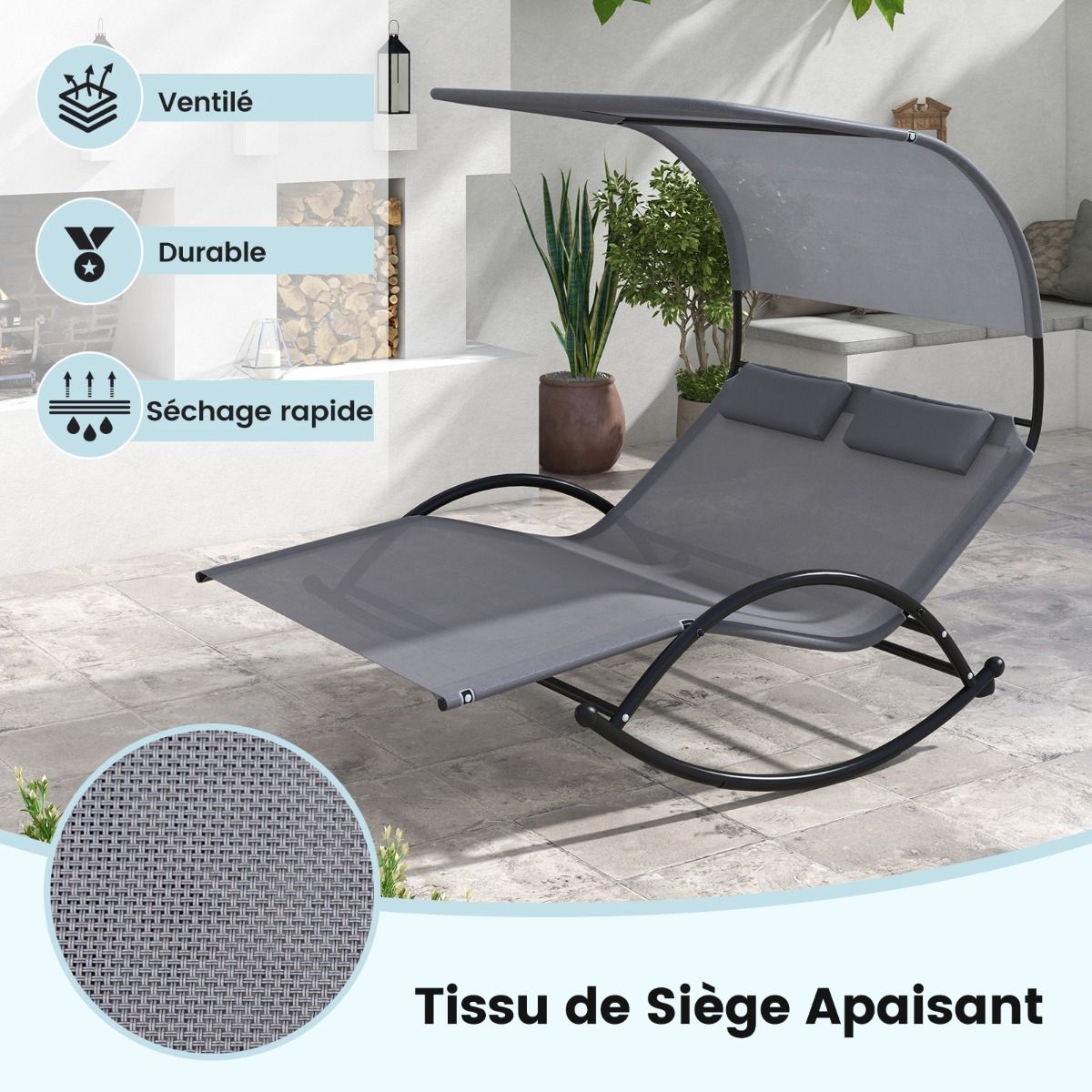 Chaise Longue Double Chaise à Bascule pour 2 Personnes 2 Appui-Têtes Amovibles Cadre en Métal Robuste Lit de Repos Ergonomique 2 Places Gris/Noir/Beige