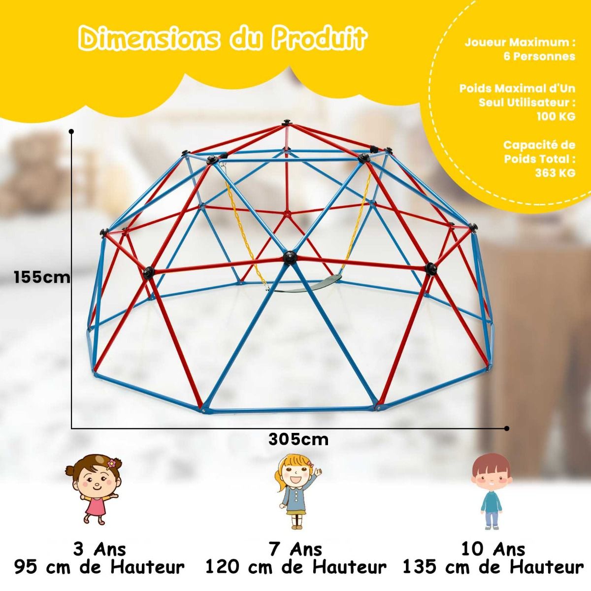 Dôme d'Escalade de 305cm avec Balançoire Cage d'Escalade en Métal Charge Max 363 kg Intérieur Extérieur pour Enfants de 3-10 Ans Jaune/Rouge