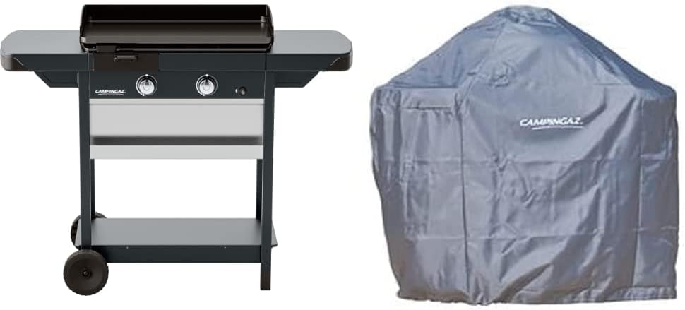 Campingaz Plancha EXB Plus, plancha au gaz sur chariot, grill gastronomique avec plaque en acier émaillé et 2 brûleurs, puissance 7500 W, pour des grillades méditerranéennes, Noir