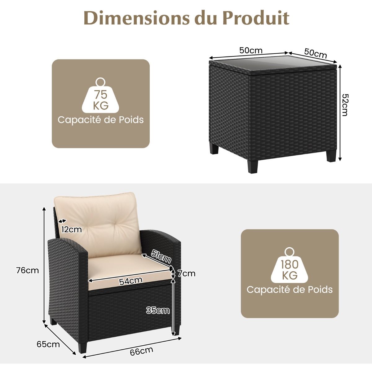 Ensemble de Meubles 3 Pièces de Patio en Rotin Charge 180KG Salon de Jardin 2 Fauteuils Table Basse avec Plateau Noir/Beige/Blanc