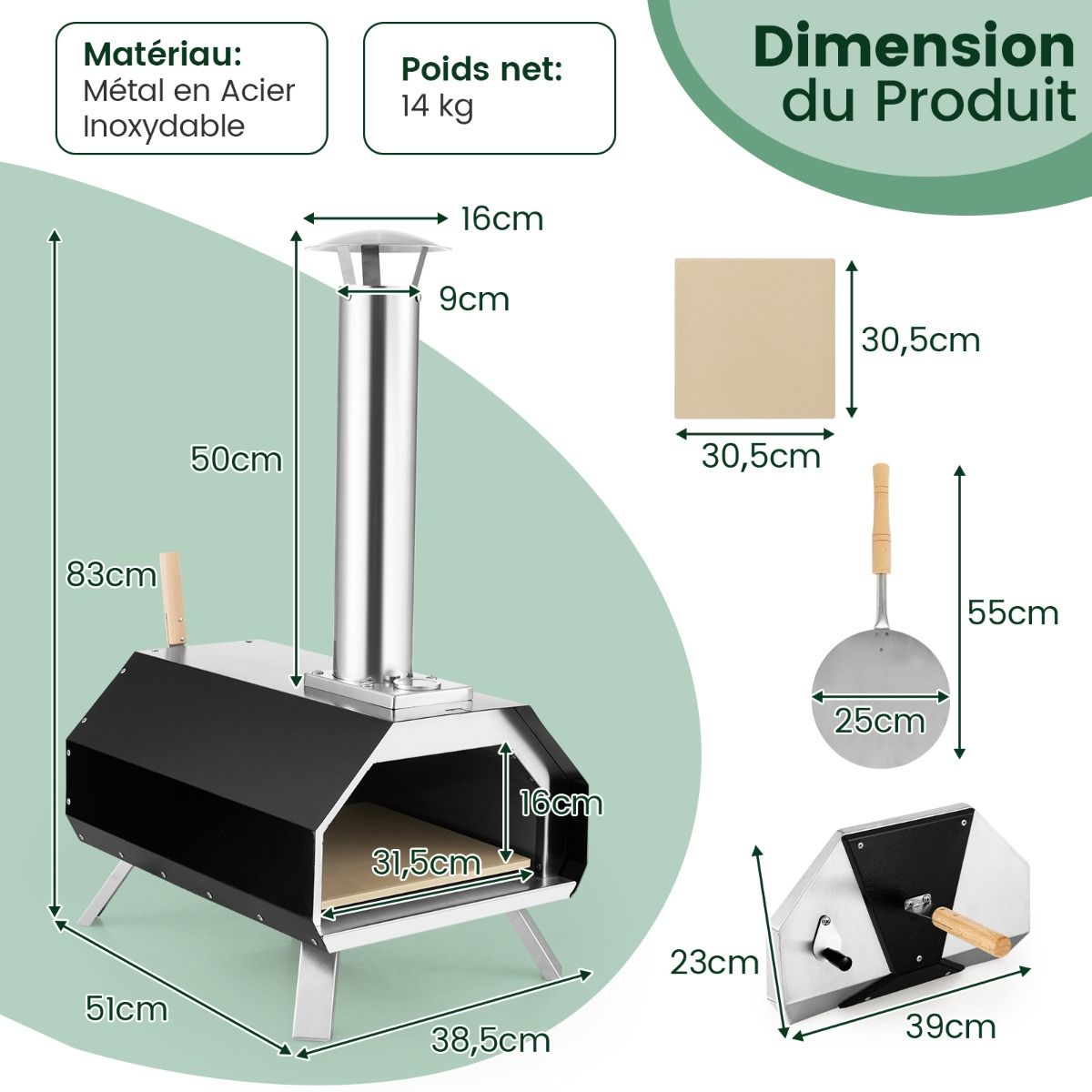 Four à Pizza Extérieur en Acier Inoxydable avec Pierre à Pizza de 30,5cm Four à Bois pour Pizza avec Pelle Pare-feu Pieds Pliables