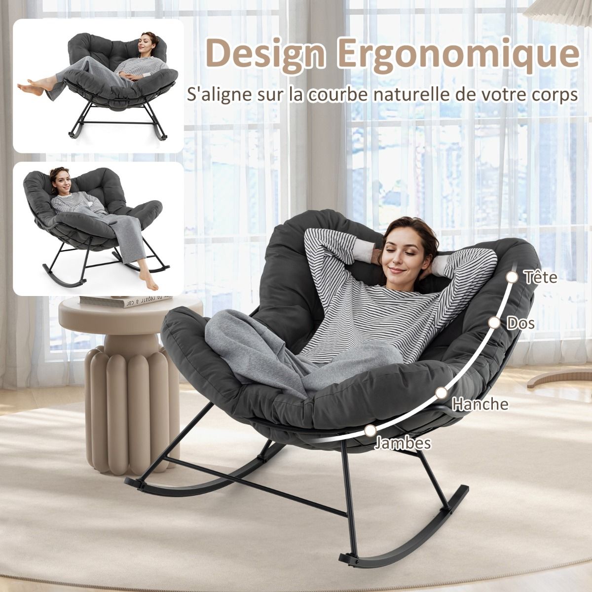 Chaise à Bascule d'Intérieur et d'Extérieur Chaise Papasan Surdimensionnée avec Coussin Rembourré & Cadre en Métal Capacité 205 Kg Gris