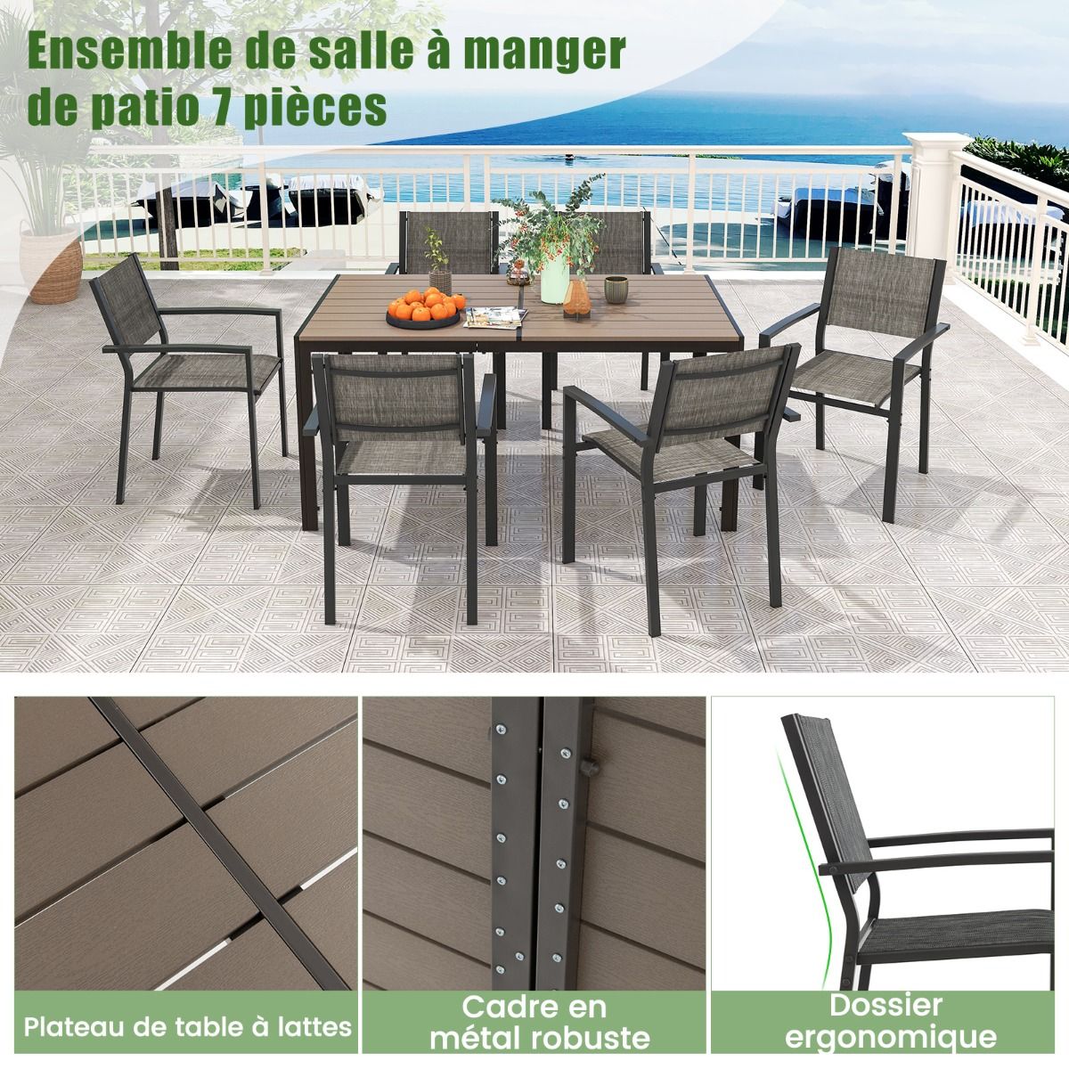Ensemble de Meubles de Patio 7 Pièces pour 6 Personnes Salon de Jardin avec 6 Chaises Empilables et Table Rectangulaire Gris