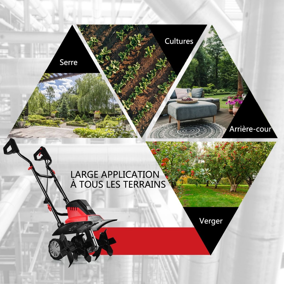 Motobineuse Motoculteur Électrique 1500W Profondeur Travail 22CM Largeur 43CM avec Poignée Pliable Roues Réglables 6 Lames