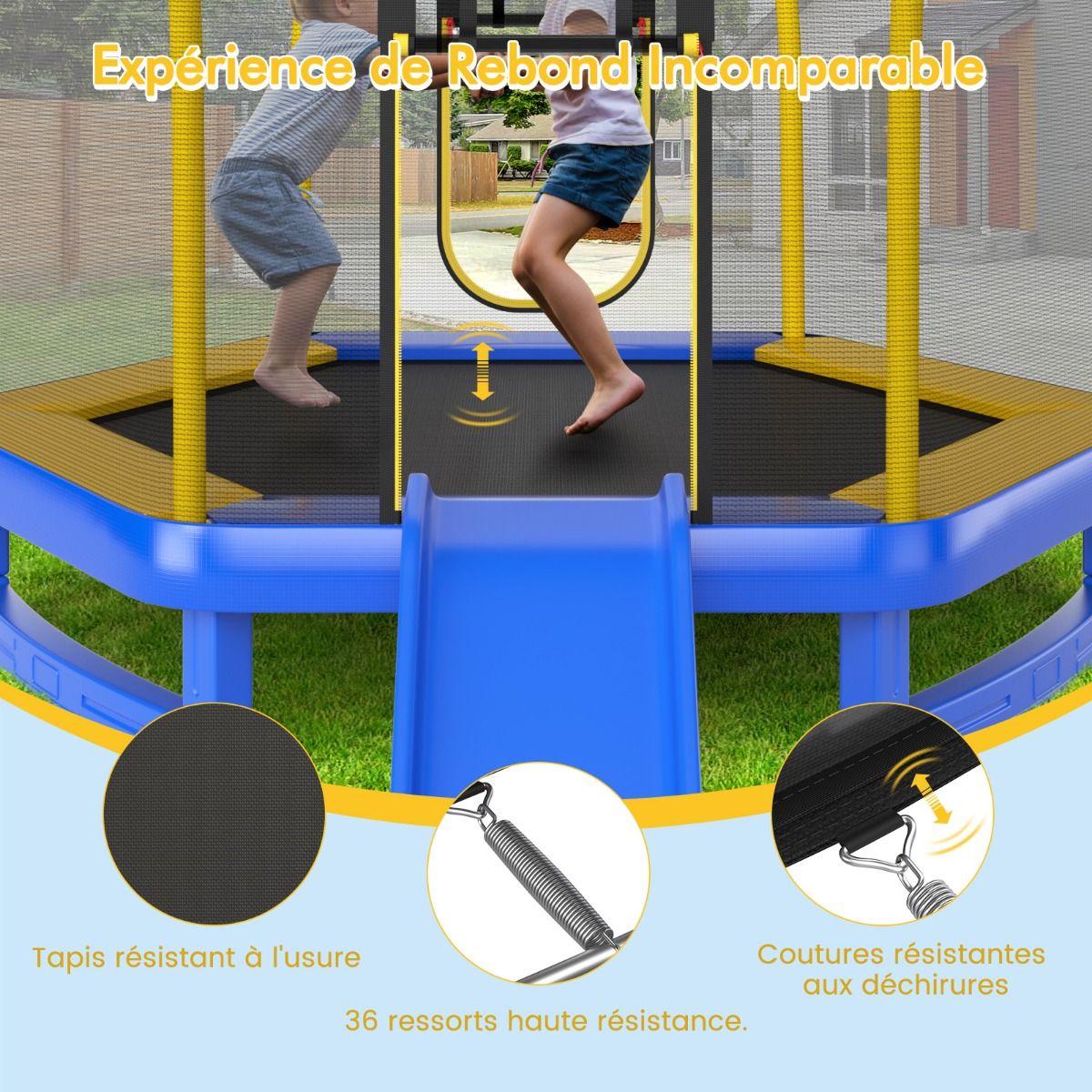 Trampoline Extérieur Ø 223cm avec Toboggan&Echelle avec Filet de Sécurité 2 Portes en U Charge 270kg pour 2-3 Enfants de 3 Ans+ Bleu/Vert