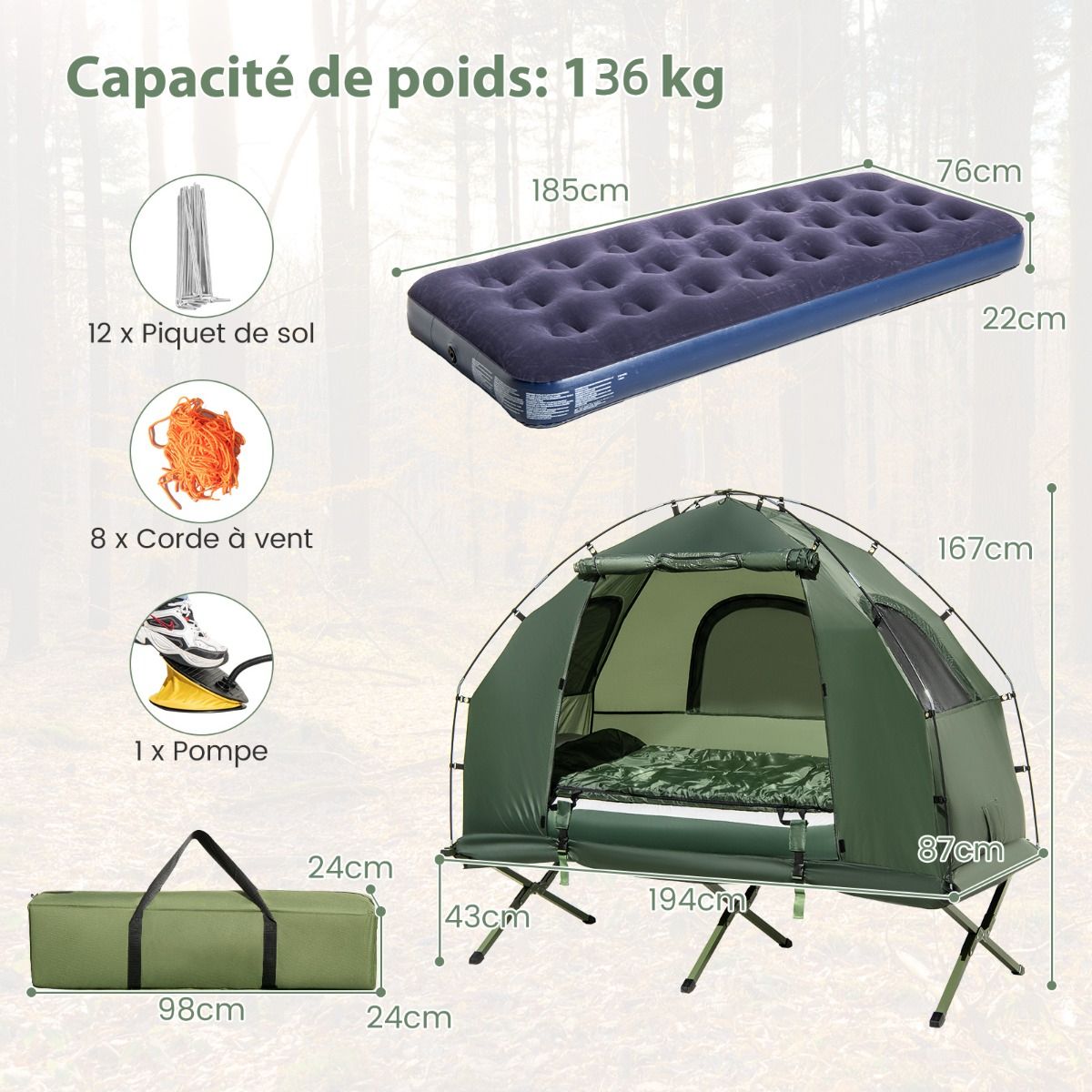 Tente de Camping avec Lit pour 1 Personne Lit de Camping Pliant 5 en 1 avec Matelas Pneumatique Oreiller Sac de Couchage Tente Surélevée Étanche