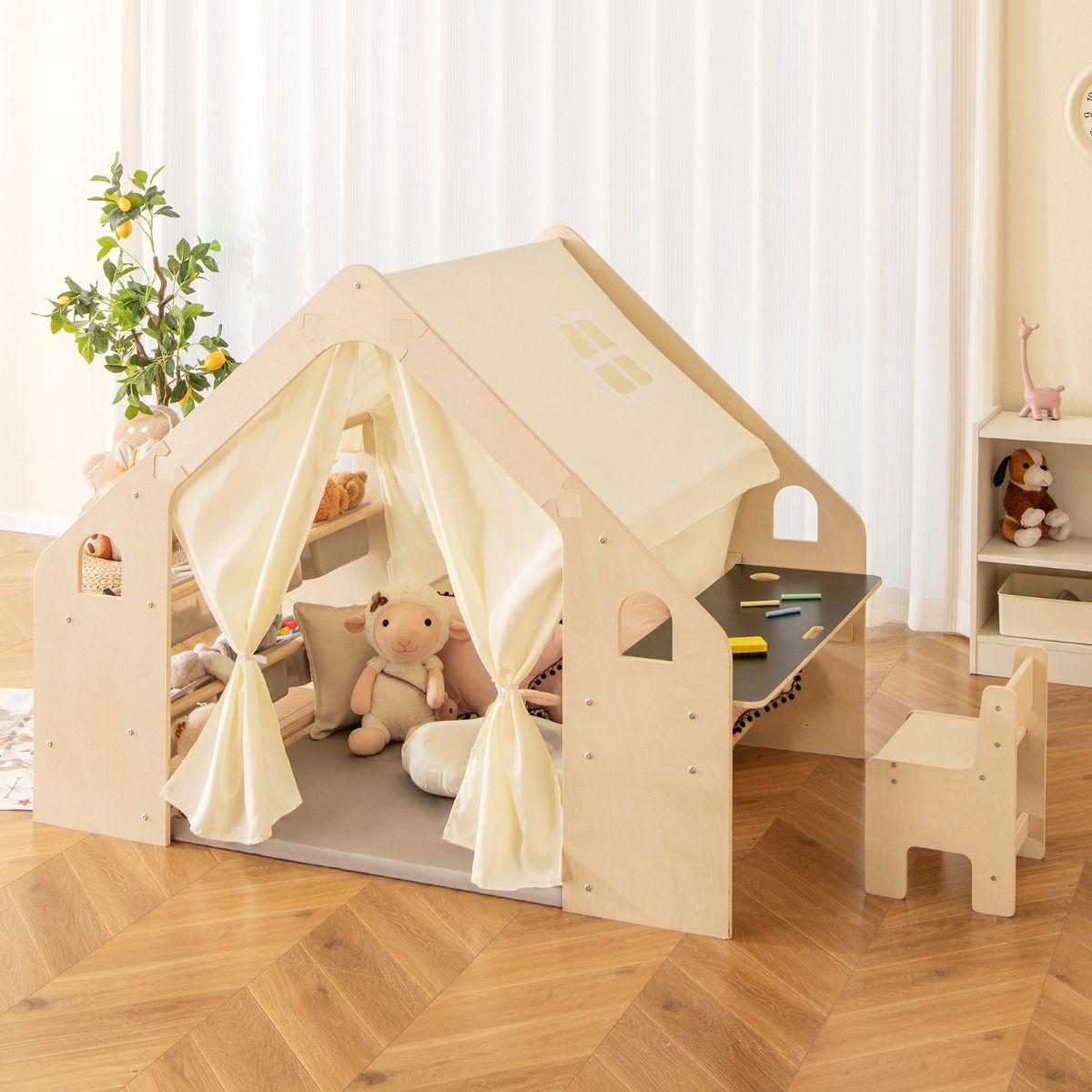 Tente de Jeu d'Intérieur en Bois pour Enfants 6 en 1 Tableau Noir Table Chaise 6 Bacs de Rangement Coussin de Sol Maison de Jeu pour 2-6 ans Beige