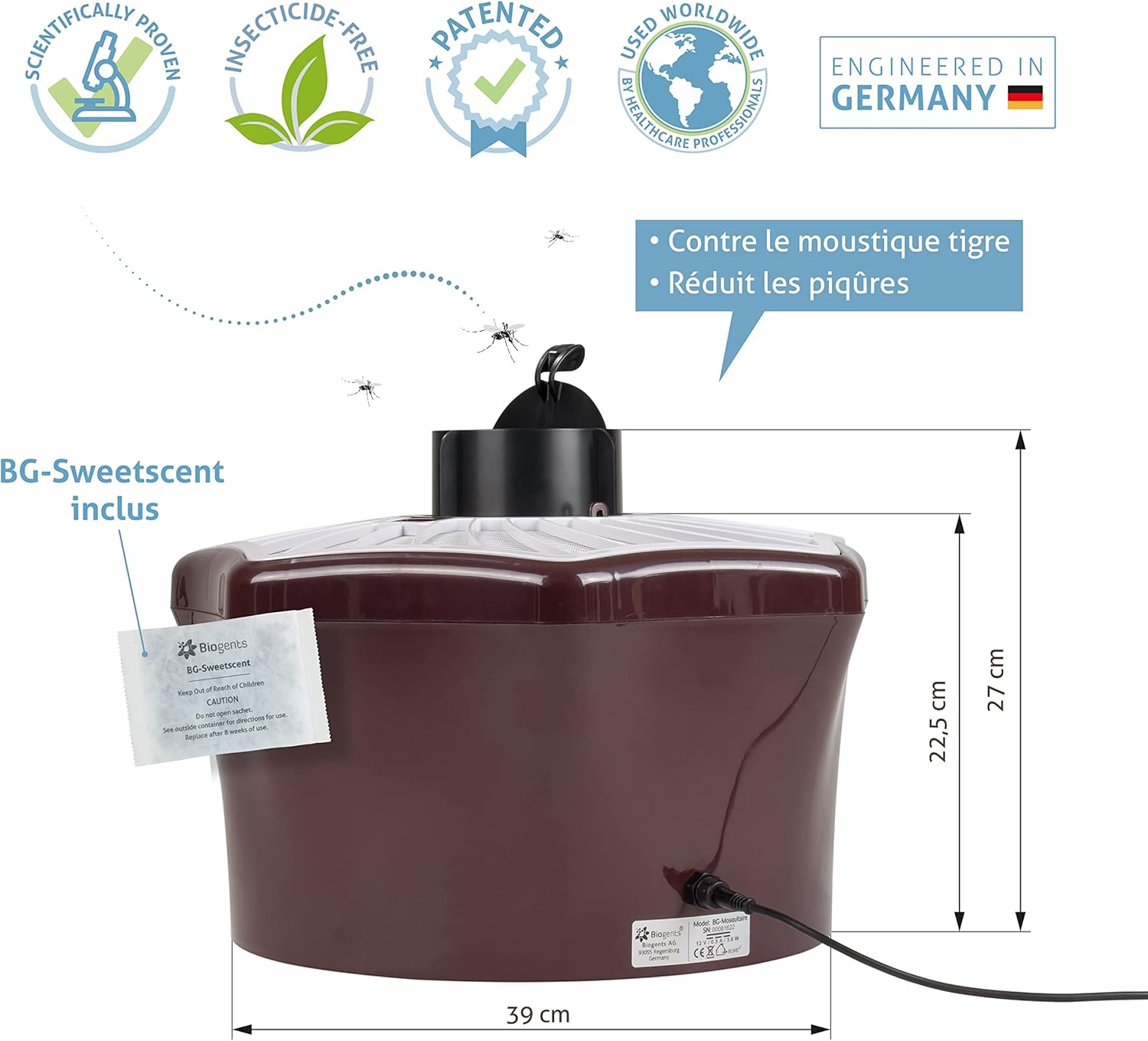 BIOGENTS Piège Extérieur Anti-Moustiques & Moustiques Tigres | Efficace Contre Les Moustiques Tigres | Attractif 2 Mois Inclus | Piège Electrique BG-MOSQUITAIRE