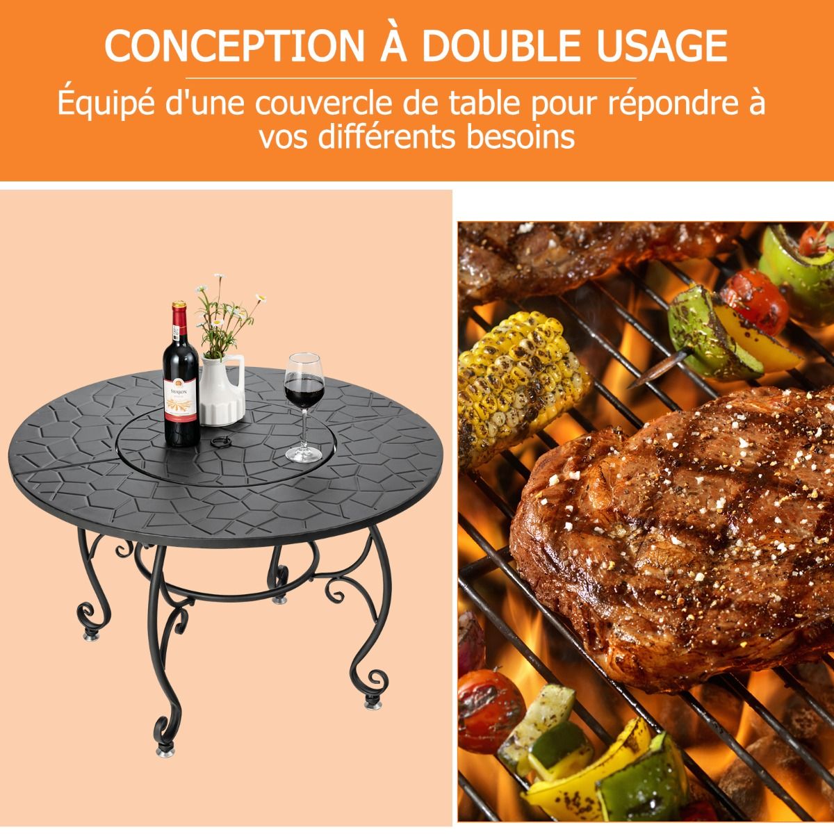 Brasero Extérieur pour Jardin 80 x 80 x 70 cm Foyer rond 4 en 1 avec Brasero Grille de Cuisson Grille en Bois