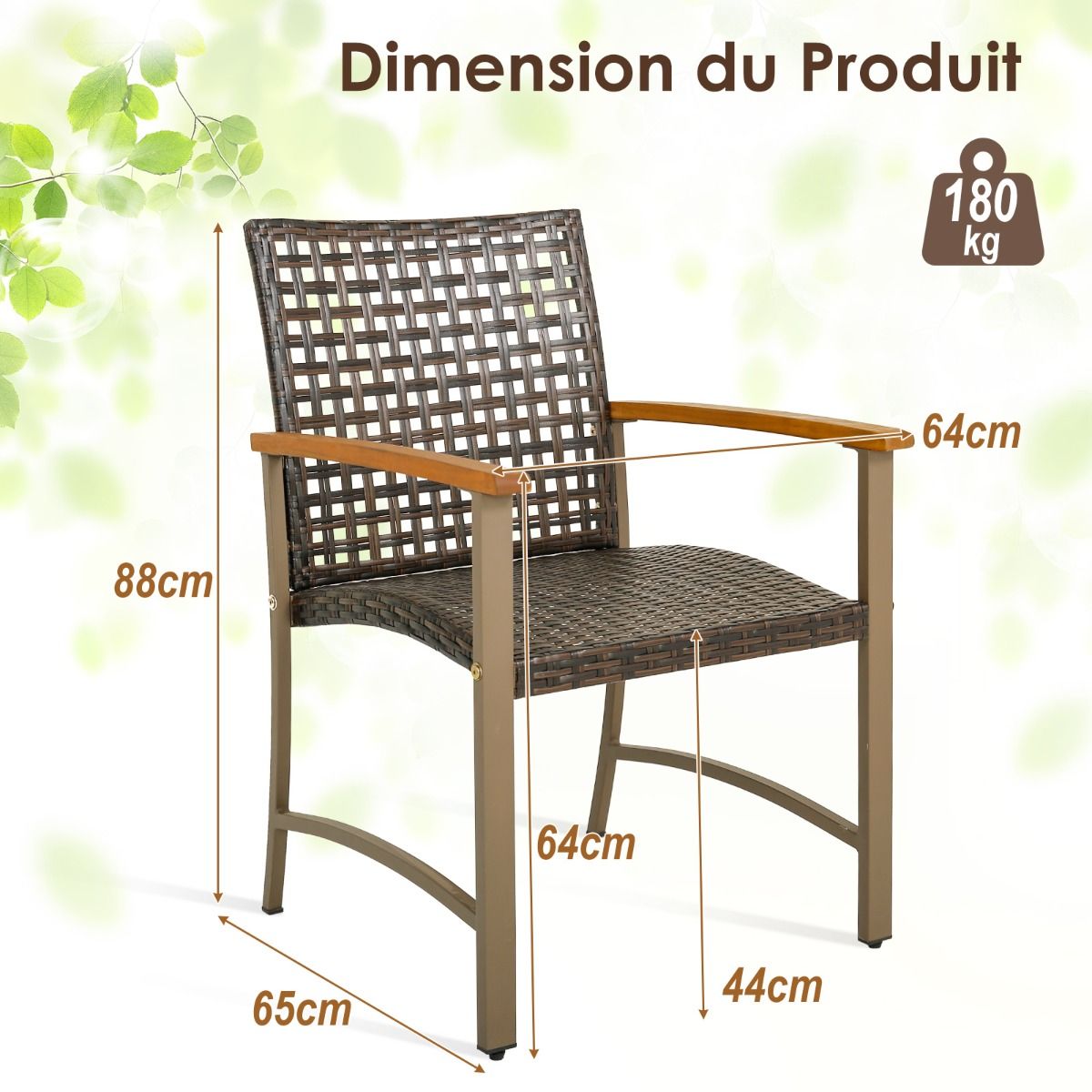 Ensemble de 4 Chaises en Rotin pour l'Extérieur Chaises avec Accoudoirs en Bois d'Acacia Structure Métallique Robuste Chaises Ergonomiques