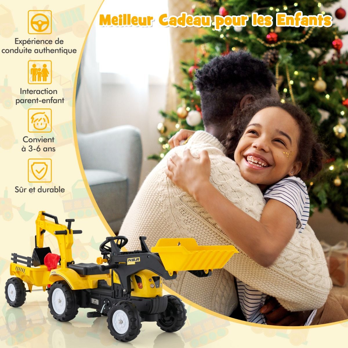 3 en 1 Tracteur pour Enfant avec 6 Roues Jouet Pelle Remorque Amovible avec Volant Klaxon 3 à 6 Ans Jaune/Vert