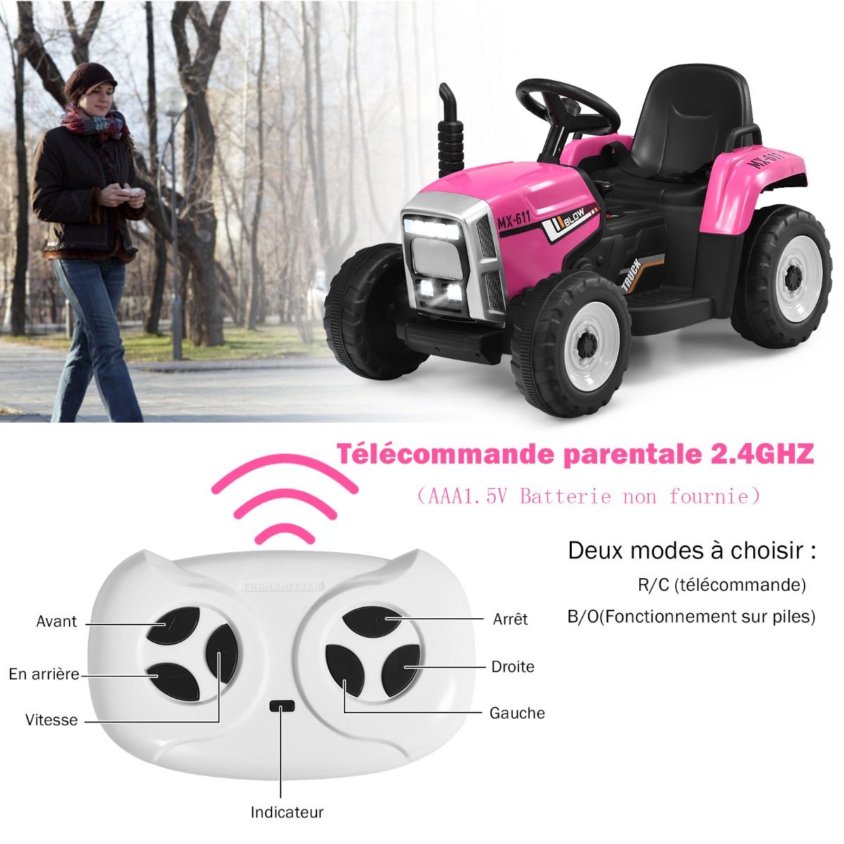 Tracteur Electrique avec Remorque pour Enfants 3 Vitesses Lumières LED Fonctions Audio USB et Bluetooth Jaune/Rose/Rouge/Vert/Vert Foncé/Noir