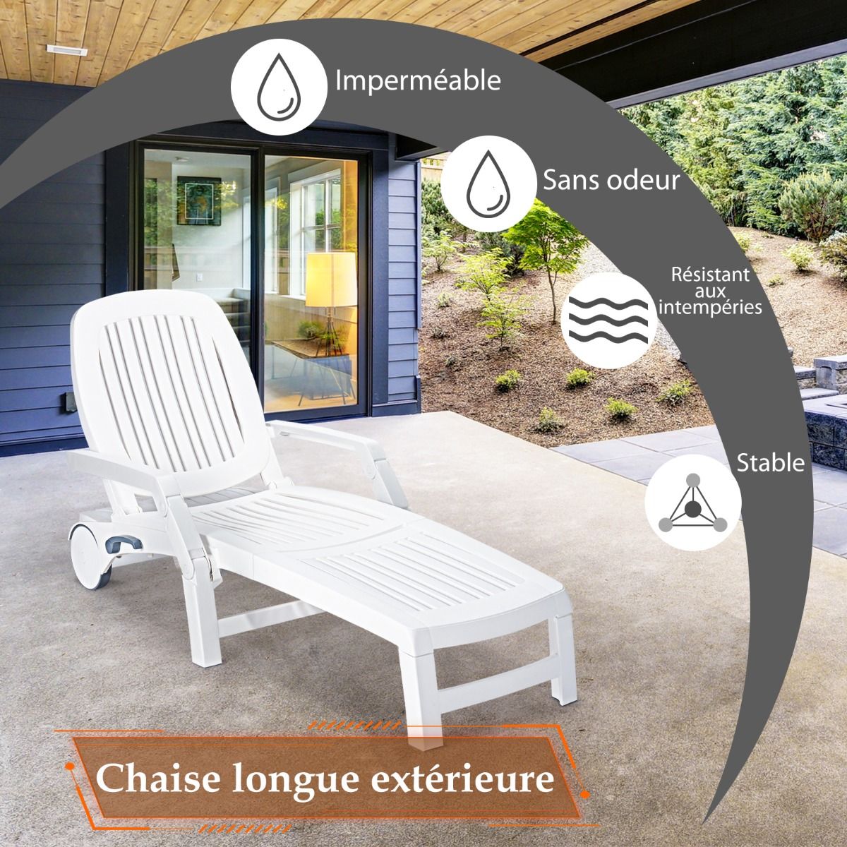 Chaise Longue Inclinable Réglable à 5 Positions avec Roues Flexibles Fauteuil Relax de Camping avec Boîte de Rangement Charge 150KG Blanc