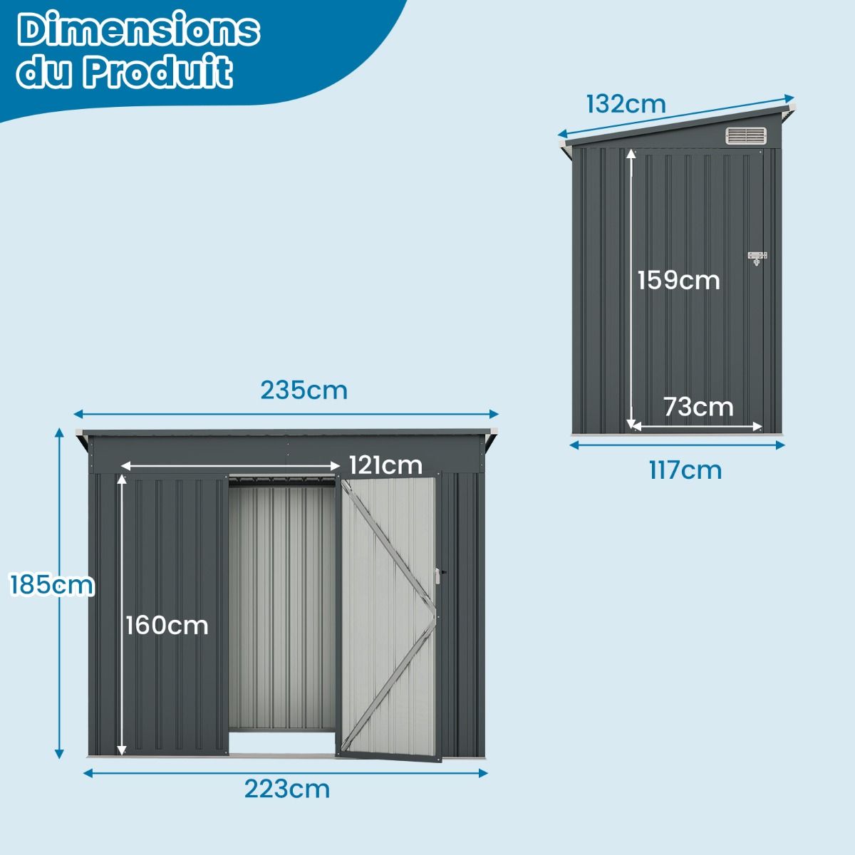 Abri de Jardin Extérieur Abri à Outils de Jardin avec 2 Portes Design Incliné Aérations Cadre en Métal Galvanisé 235x117x185cm Gris Foncé
