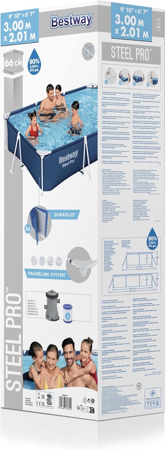Bestway Steel Pro Kit Piscine Hors Sol Rectangulaire 3,00 m X 2,01 m X 66 cm, Bleu
