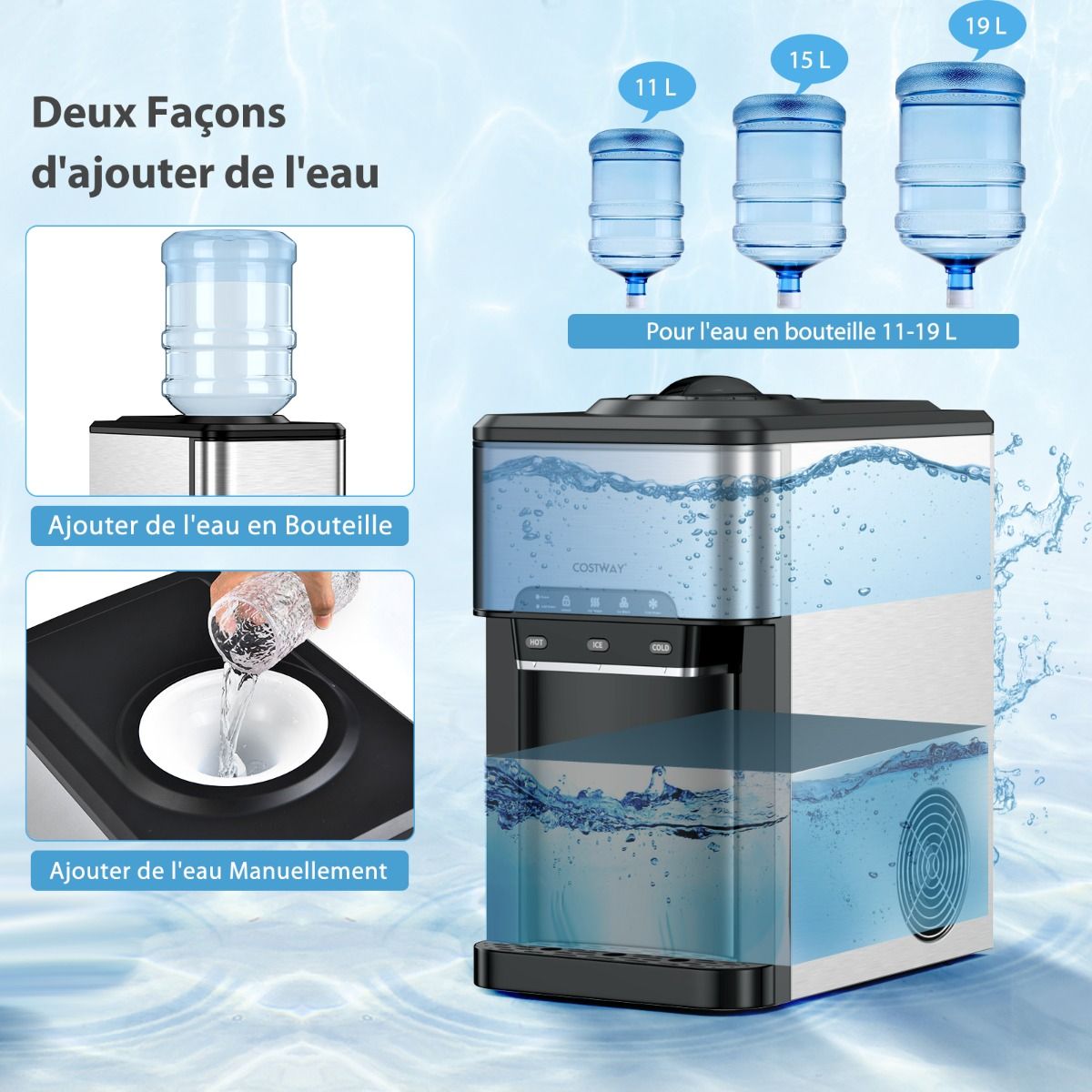 Machine à Glaçons 3 en 1 avec Distributeur d'Eau Froide/Chaude 20 kg en 24h Cube de Glace 6-13 min pour Maison Bureau Bar