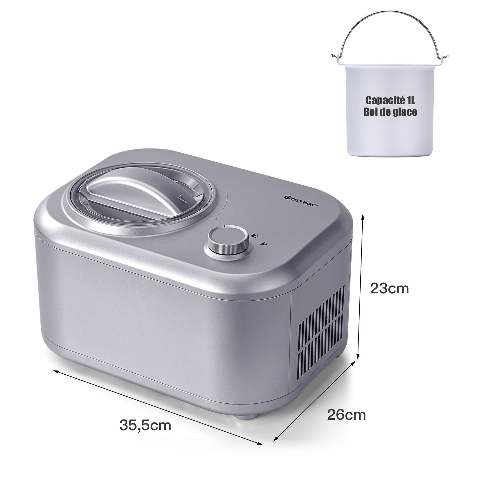 Sorbetière Turbine à Glace 1L Puissance 100W à Compresseur avec Cuillère 3 Modes de Fonctionnement Argent