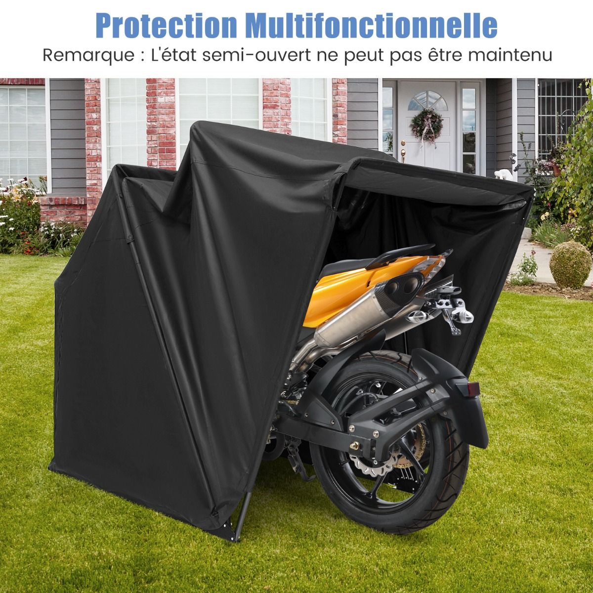 Abri de Moto Extérieur Tente Moto avec Housse en Tissu Oxford Fenêtres en Maille Enroulables Housse Moto Exterieur Étanche pour Moto Vélos Outils Noir