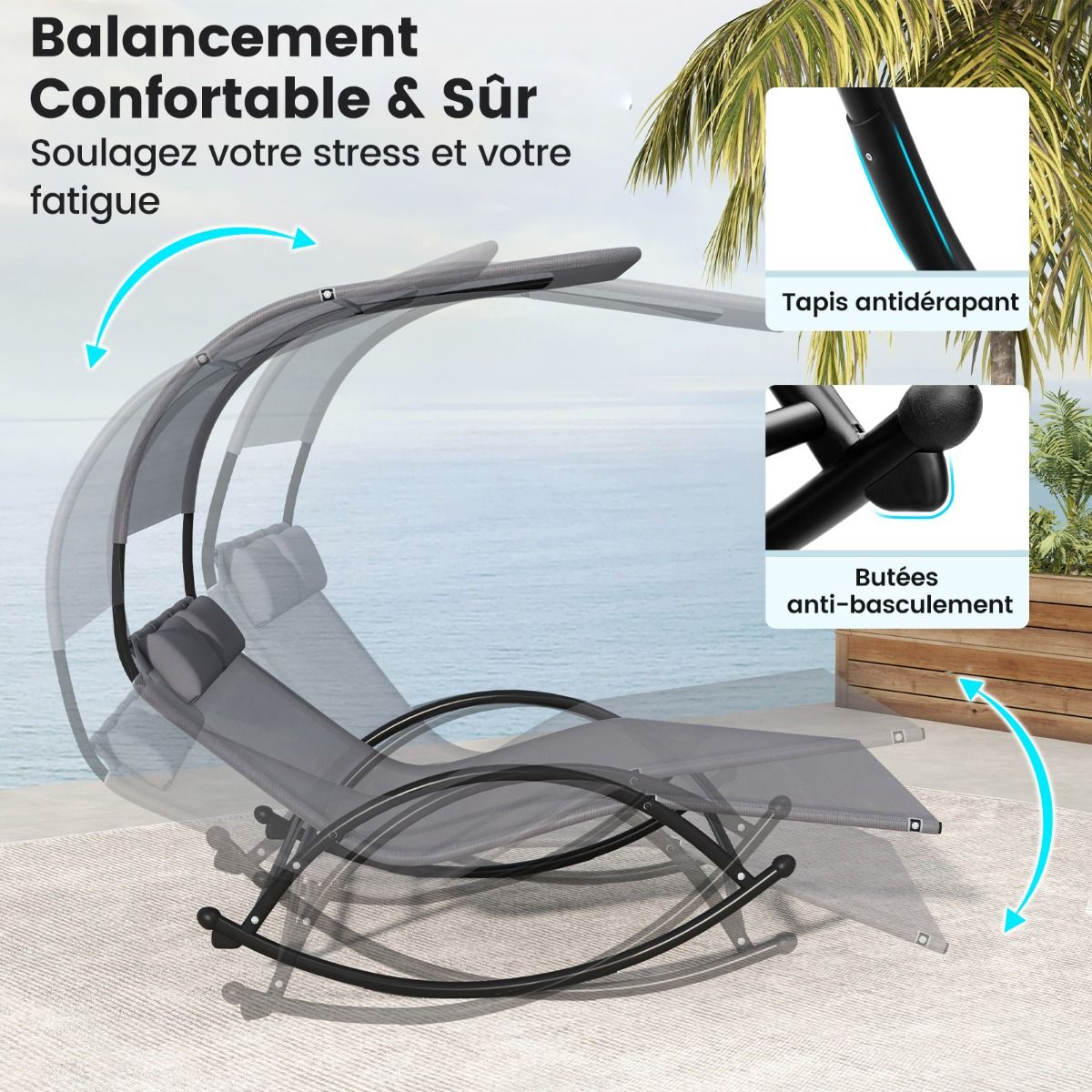 Chaise Longue Double Chaise à Bascule pour 2 Personnes 2 Appui-Têtes Amovibles Cadre en Métal Robuste Lit de Repos Ergonomique 2 Places Gris/Noir/Beige