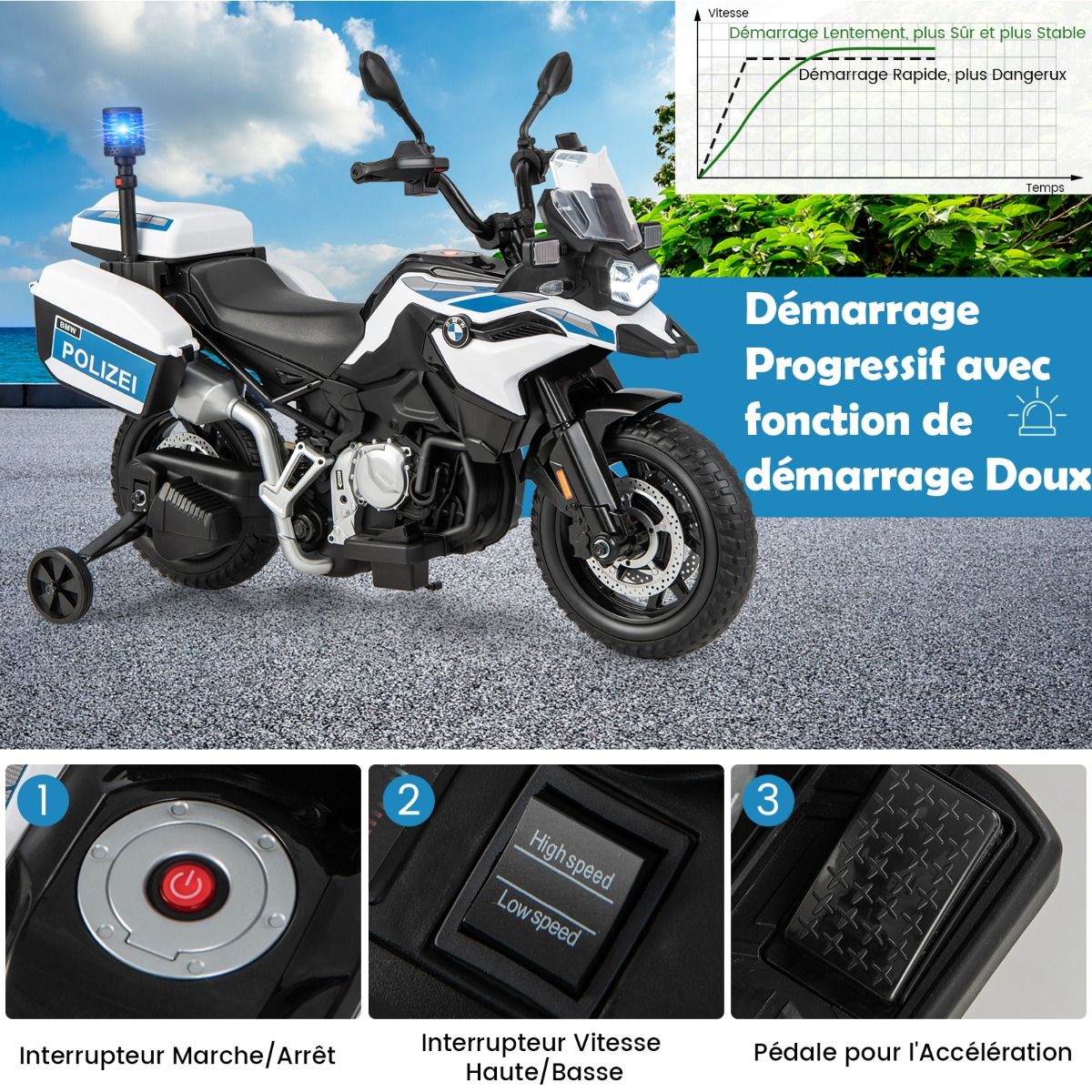 Moto Électrique BMW 12V/7AH pour Enfants 6km/h Modèle Policier avec Klaxon Musique Sirène Phares pour 3-8 Ans