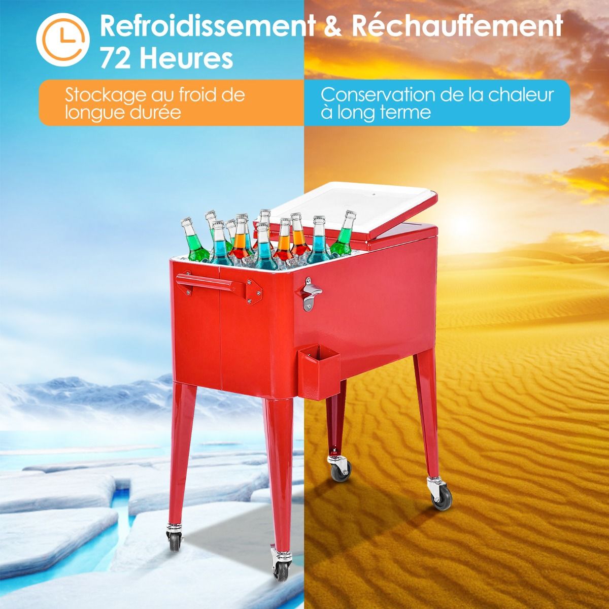 Chariot Isotherme Roulant de 76L Réfrigérant avec Roulettes Universelles Ouvre-bouteille Desserte Jardin pour Conserver Glace et Boissons