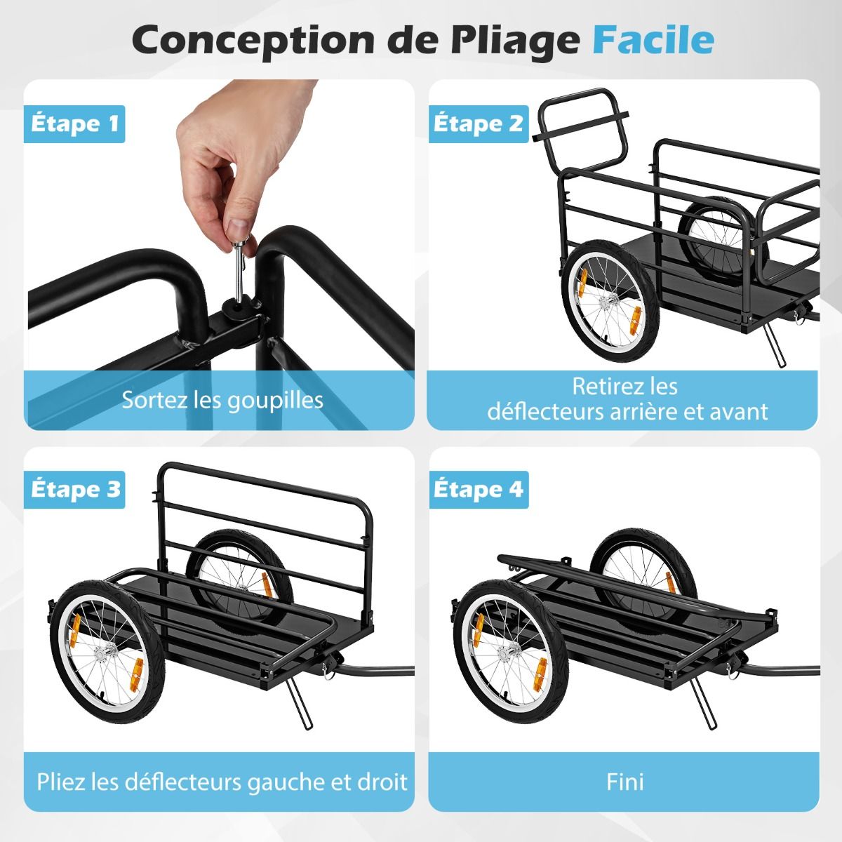 Remorque de Vélo avec Cadre Pliable Charge 55 kg Chariot pour Vélo avec Housse en Tissu Oxford Roues à Air de 40 cm Réflecteurs Bleu