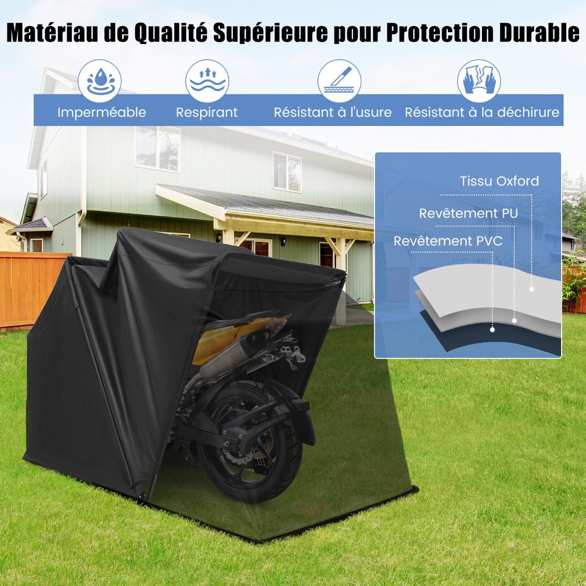 Abri de Moto Extérieur Tente Moto avec Housse en Tissu Oxford Fenêtres en Maille Enroulables Housse Moto Exterieur Étanche pour Moto Vélos Outils Noir
