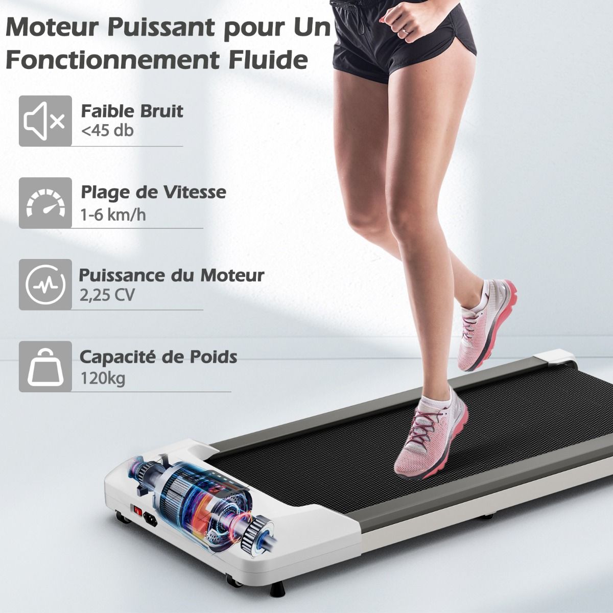 Tapis de Course Mince Tapis de Jogging avec Capacité de 120 Kg Télécommande et Écran Led Inclinable à Roulettes Tapis de Course à Glisser Gris/Noir/Rose