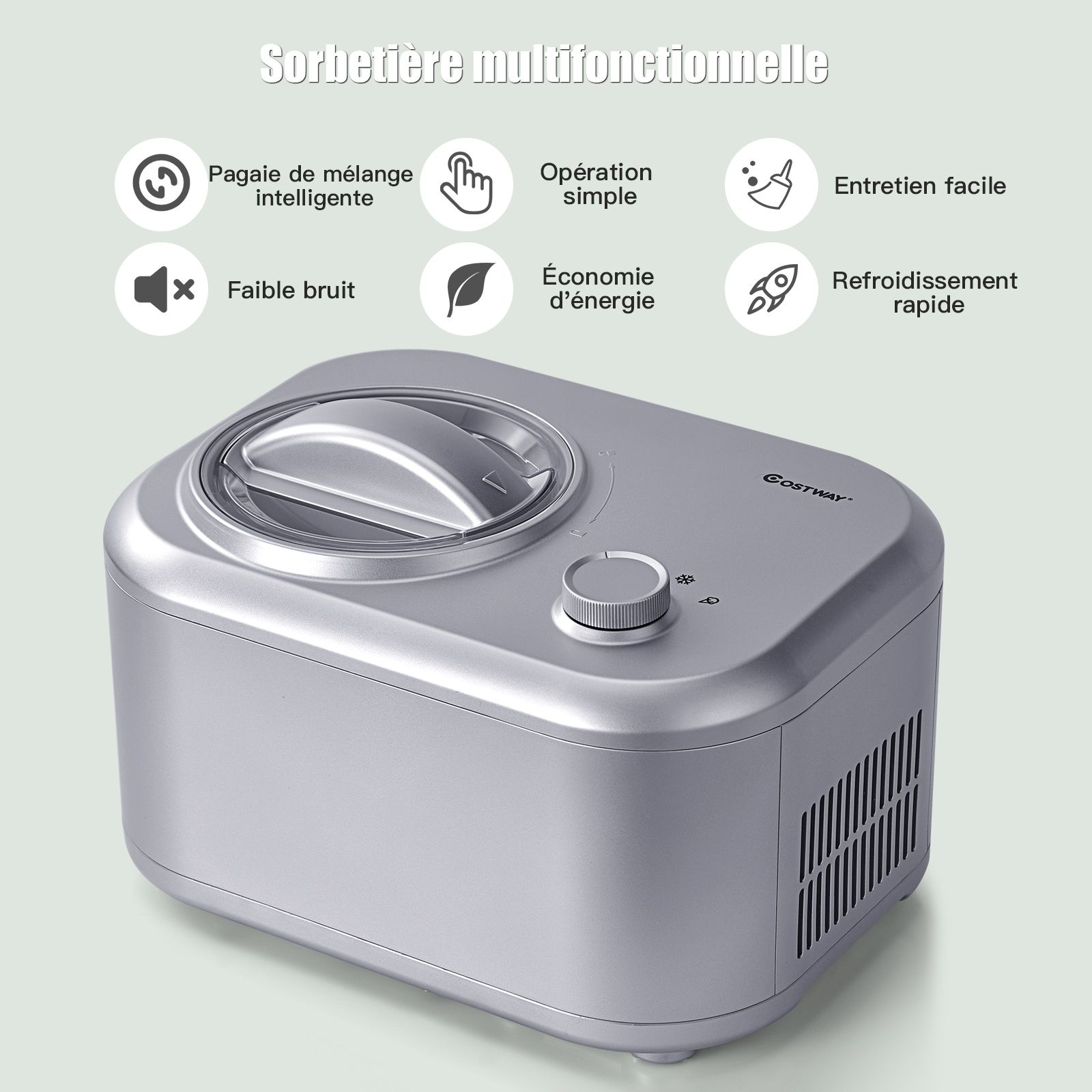Sorbetière Turbine à Glace 1L Puissance 100W à Compresseur avec Cuillère 3 Modes de Fonctionnement Argent
