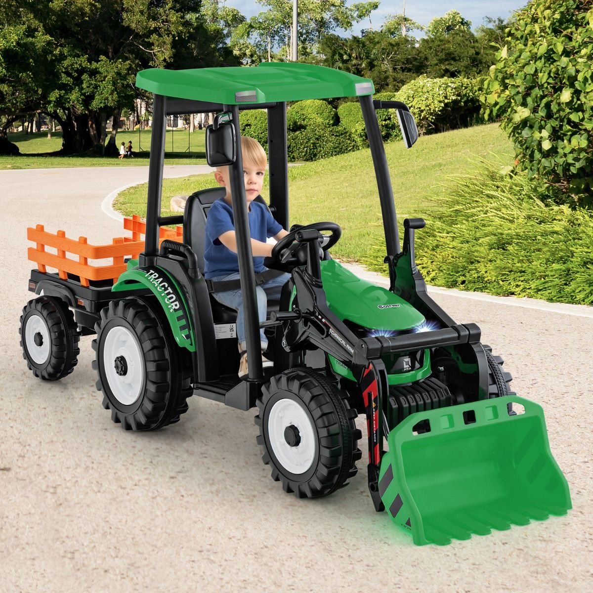 12V Tracteur Électrique Enfants avec Pelle&Remorque Amovible Véhicule Électrique à 6 Roues avec Télécommande & Musique 3-6 km/h pour 3-8 Ans Jaune/Vert
