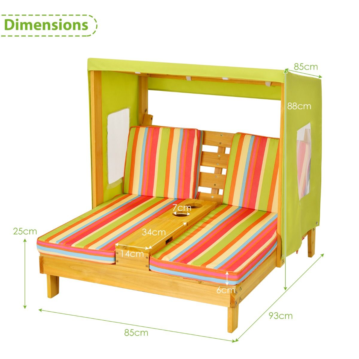 Chaise Longue pour Enfants 3-8 Ans Double Place en Bois avec Auvent Porte-gobelets Coussins Lavables Extérieur Supporté 50kg
