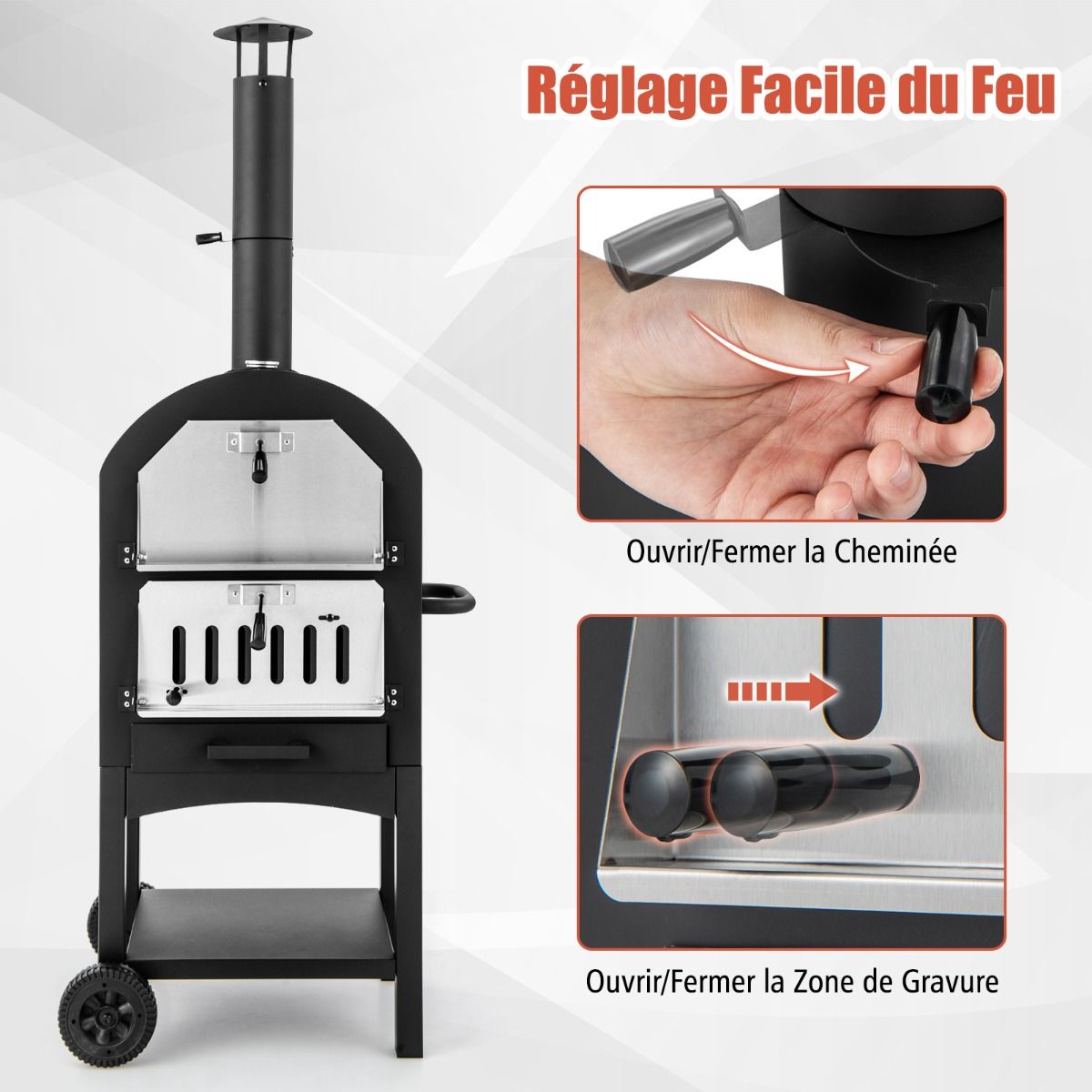 Four à Pizza Extérieur au Charbon avec Pelle à Pizza Pierre à Pizza Housse Étanche Cheminée et Thermomètre Double Noir