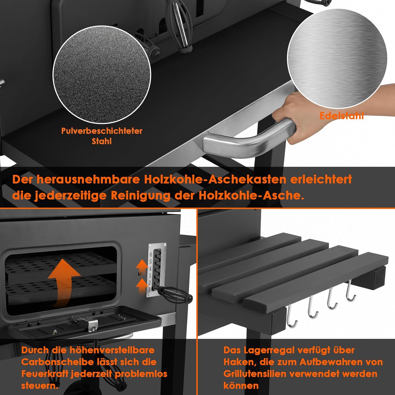 Barbecue Charbon de Bois XL, Chariot à Barbecue, Grill XL à Charbon avec Couvercle, Roues et Thermomètre, Réglable en Hauteur, Grand Barbecue au Charbon de Bois, pour Camping et Jardin, Noir