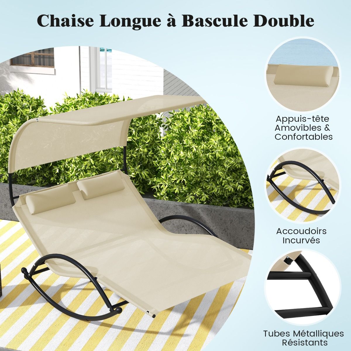 Chaise Longue Double Chaise à Bascule pour 2 Personnes 2 Appui-Têtes Amovibles Cadre en Métal Robuste Lit de Repos Ergonomique 2 Places Gris/Noir/Beige