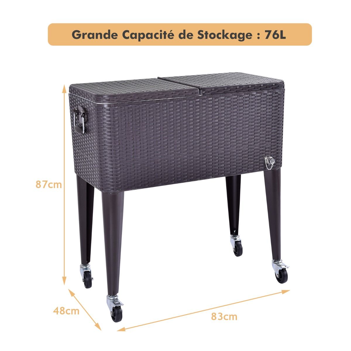 Glacière à Roues Verrouillables 76L Dessert de Glace avec Décapsuleur et Réceptacle à Capsules en PP de haute alimentaire Garder au Frais 72h 83 x 48 x 87 CM