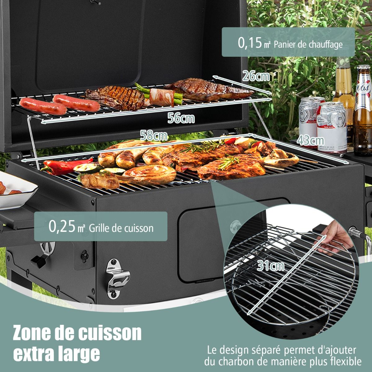 Barbecue à Charbon de Bois Portable avec 2 Tables d'Appoint Noir
