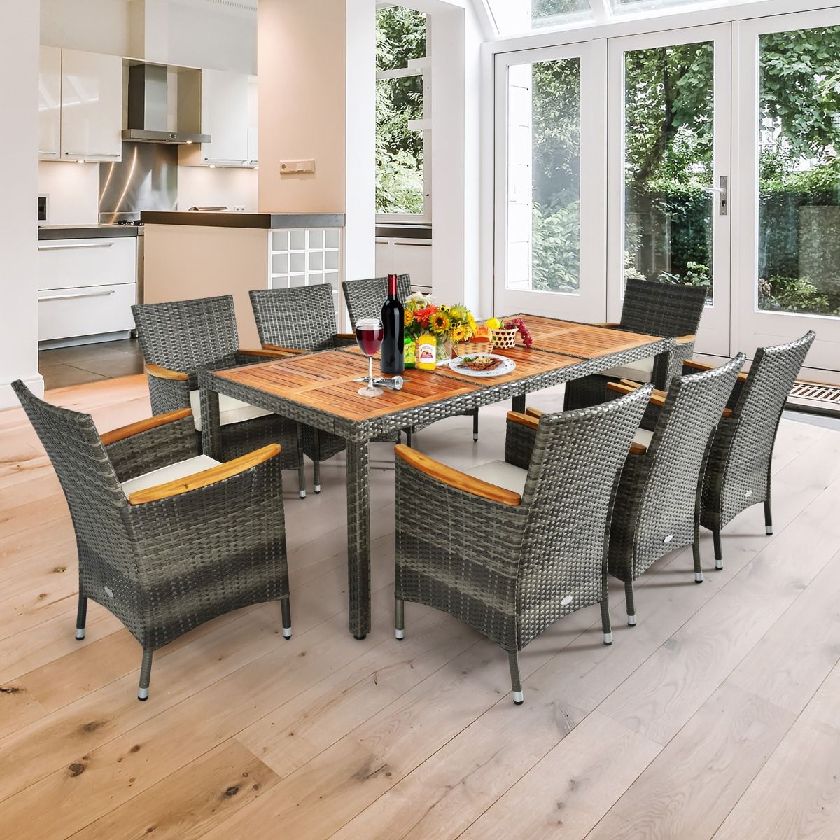 Salon de Jardin avec 1 Table et 8 Chaises en Bois et Rotin Synthétique Anti-UV Pieds Réglables et Coussins Imperméables Inclus