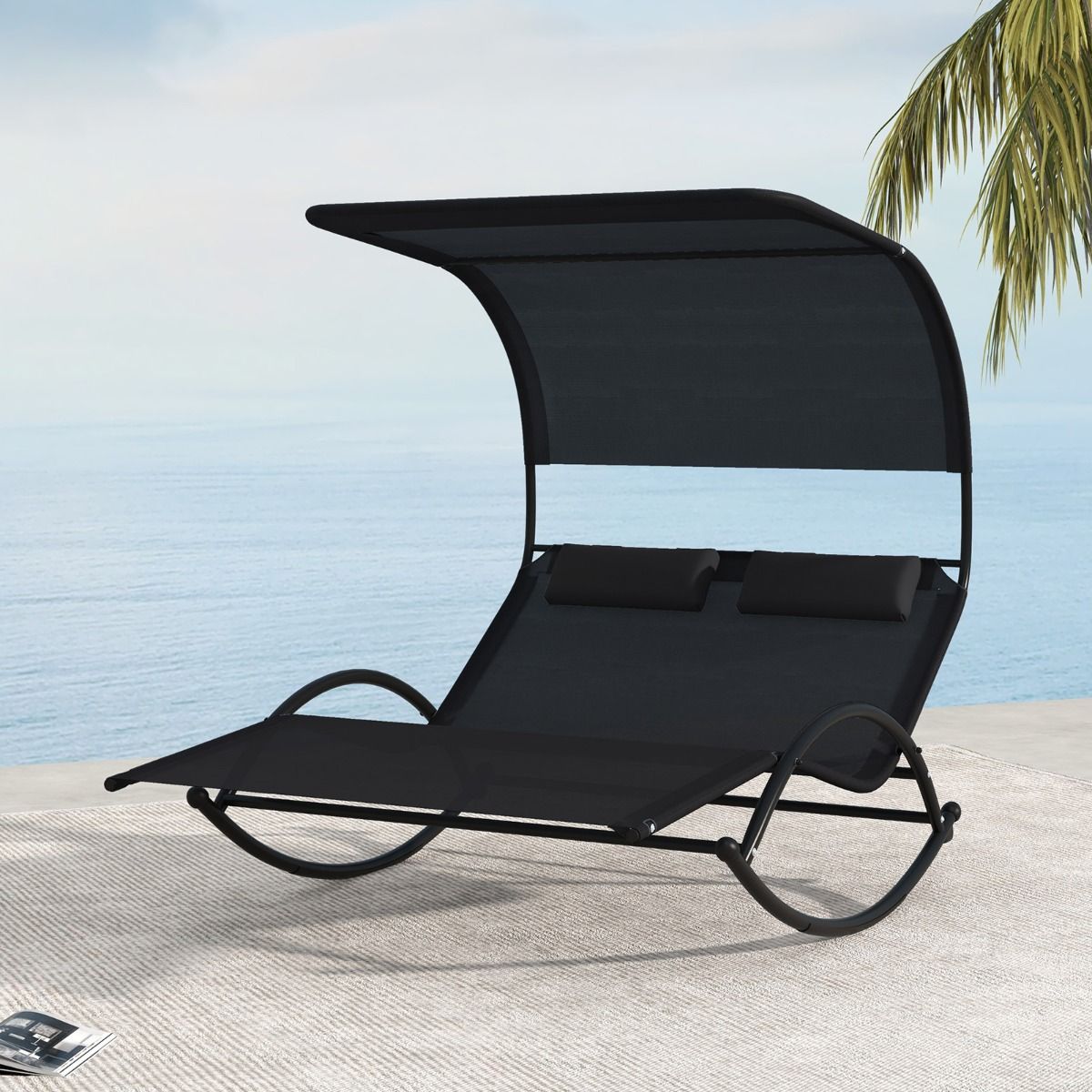 Chaise Longue Double Chaise à Bascule pour 2 Personnes 2 Appui-Têtes Amovibles Cadre en Métal Robuste Lit de Repos Ergonomique 2 Places Gris/Noir/Beige