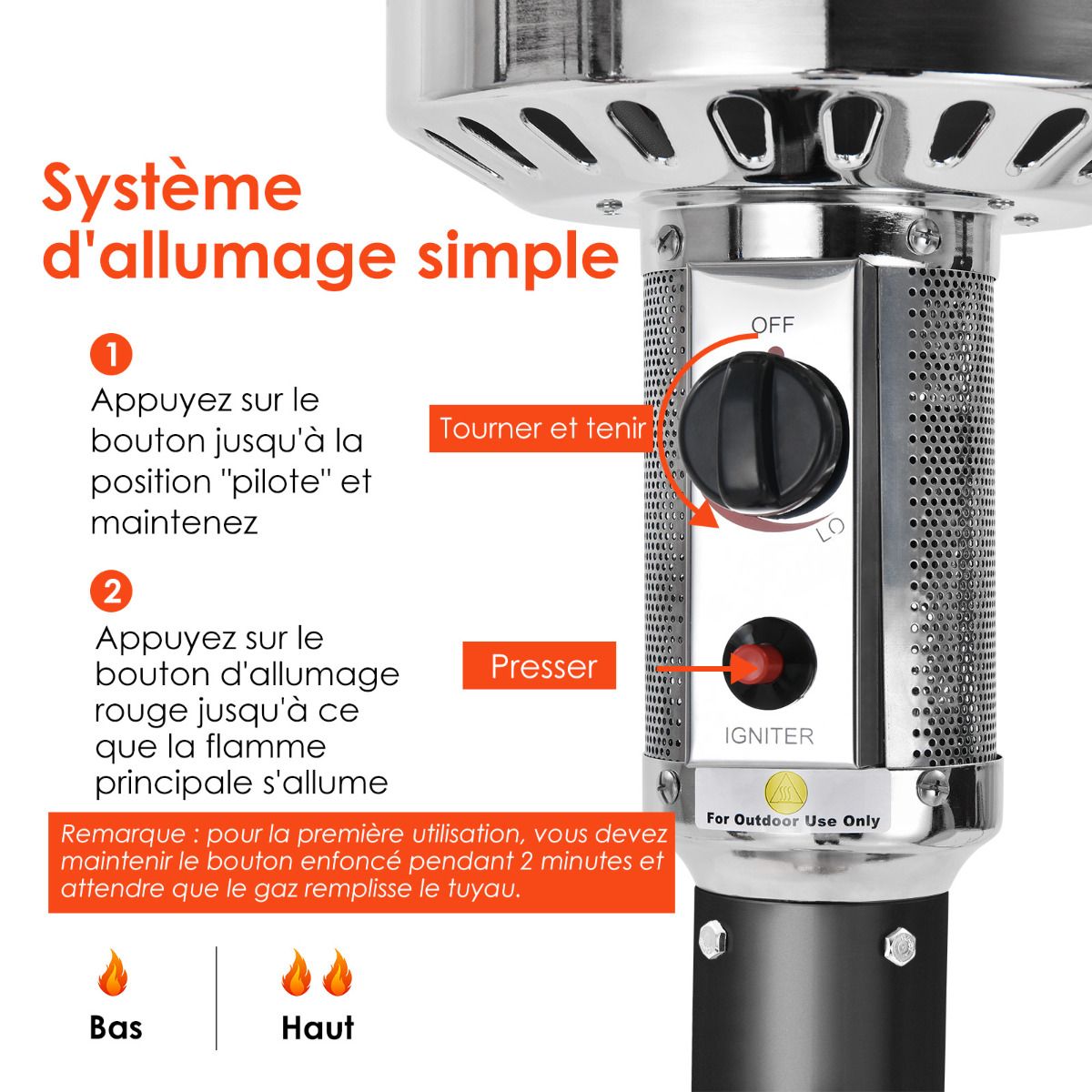 Parasol Chauffage Extérieur à Gaz 13KW Réflecteur 82cm avec Dispositif de Anti-basculement Tube 2 Roues Fluide 220cm Noir