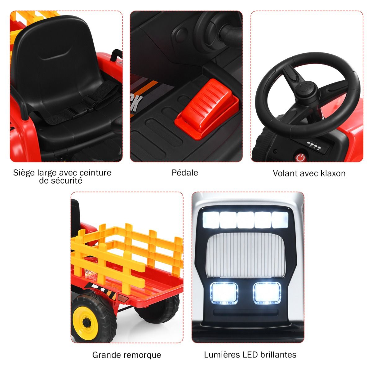 Tracteur Electrique avec Remorque pour Enfants 3 Vitesses Lumières LED Fonctions Audio USB et Bluetooth Jaune/Rose/Rouge/Vert/Vert Foncé/Noir