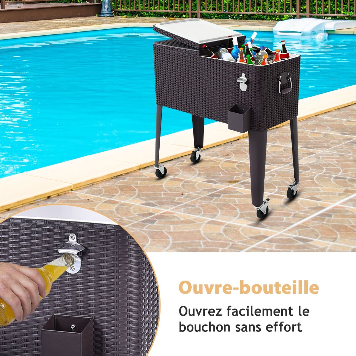 Glacière à Roues Verrouillables 76L Dessert de Glace avec Décapsuleur et Réceptacle à Capsules en PP de haute alimentaire Garder au Frais 72h 83 x 48 x 87 CM