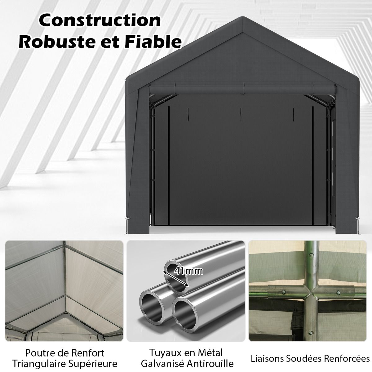 Abri de Voiture 595 x 300 cm Extérieur Tente de Garage avec 8 Parois Latérales Amovibles Portes Enroulables Fenêtres Ventilées Gris