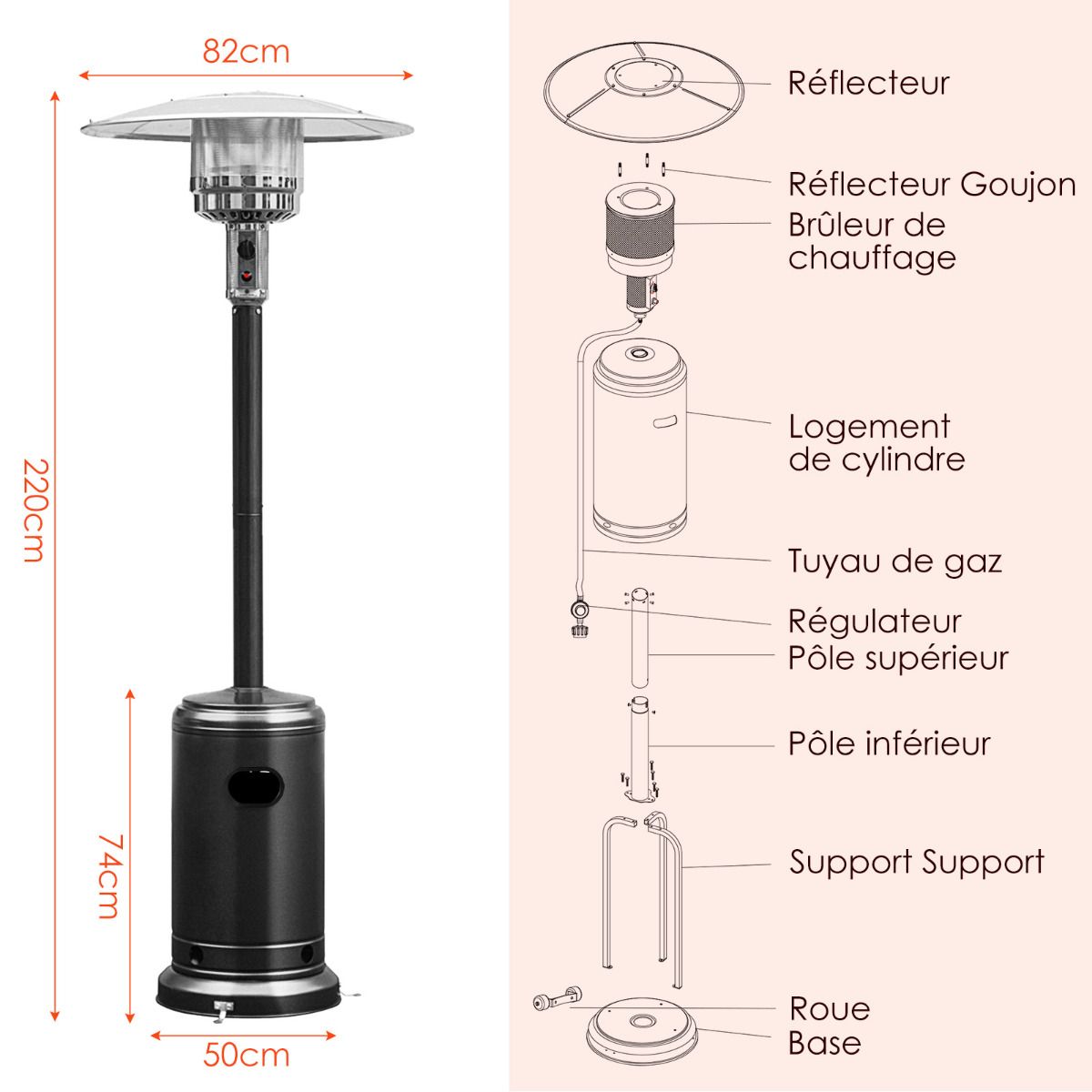Parasol Chauffage Extérieur à Gaz 13KW Réflecteur 82cm avec Dispositif de Anti-basculement Tube 2 Roues Fluide 220cm Noir