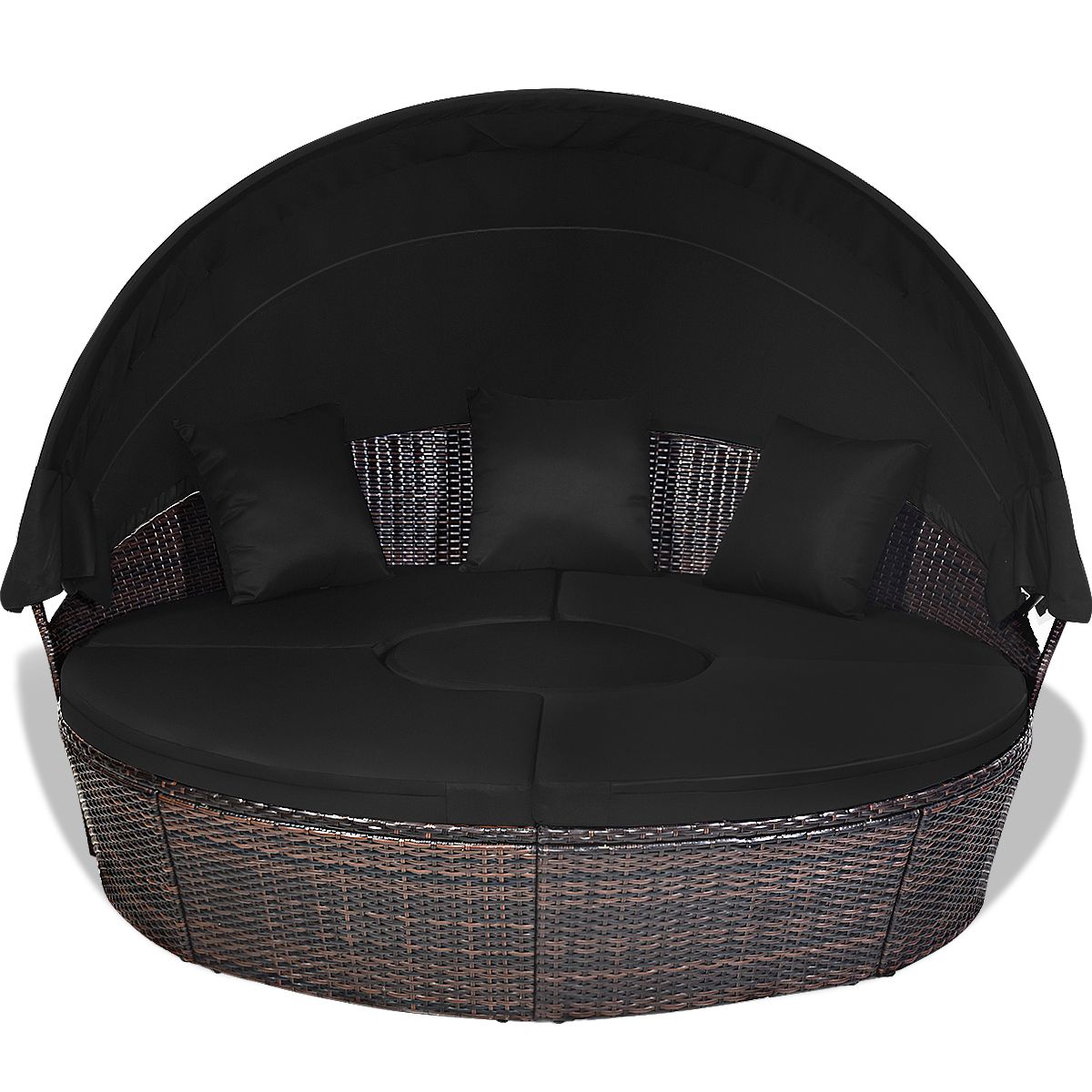 Lit de Jardin Rond d'Exterieur Table Relevable Modulable & Convertible - Pare Soleil Réglable rotin PE Coussins Inclus  Noir