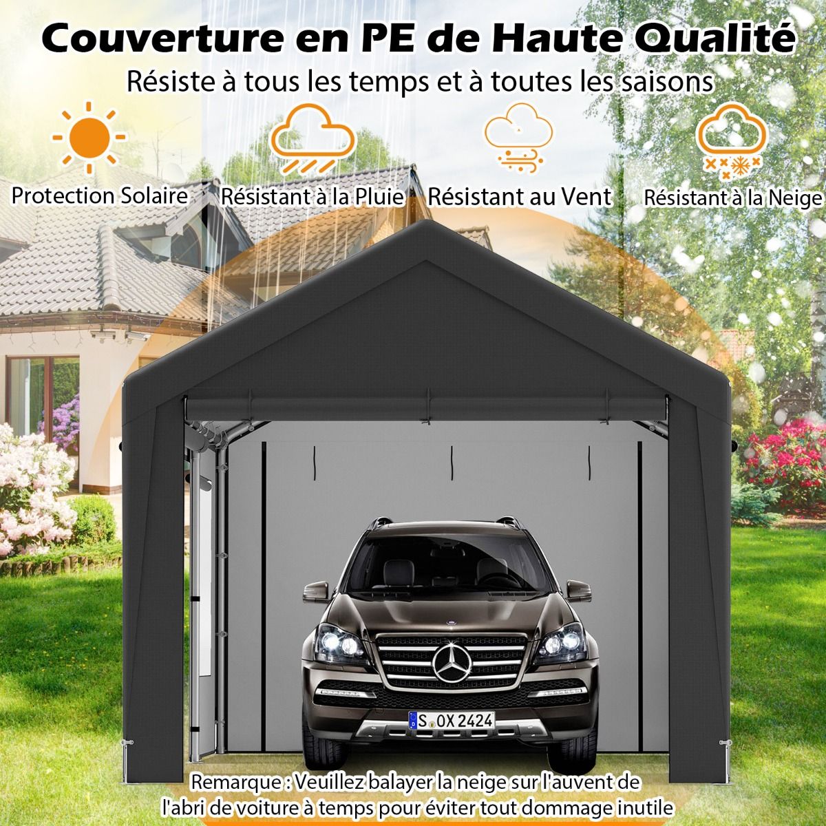 Abri de Voiture 595 x 300 cm Extérieur Tente de Garage avec 8 Parois Latérales Amovibles Portes Enroulables Fenêtres Ventilées Gris