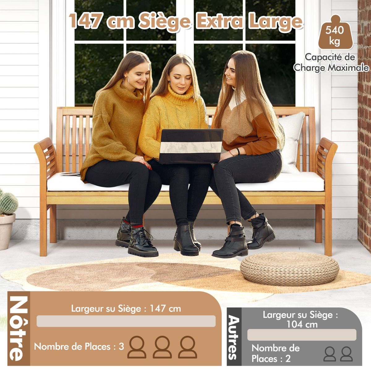 Banc de Terrasse en Bois 3 Places Banc en Acacia de 159 cm de Long avec Coussins d'Assise Doux Dossier et Accoudoirs Ergonomiques Blanc