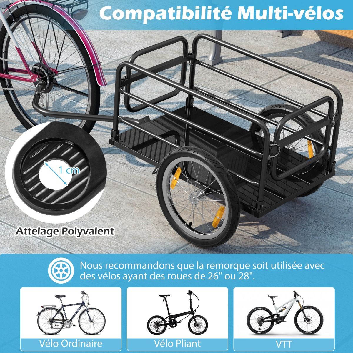 Remorque de Vélo avec Cadre Pliable Charge 55 kg Chariot pour Vélo avec Housse en Tissu Oxford Roues à Air de 40 cm Réflecteurs Bleu