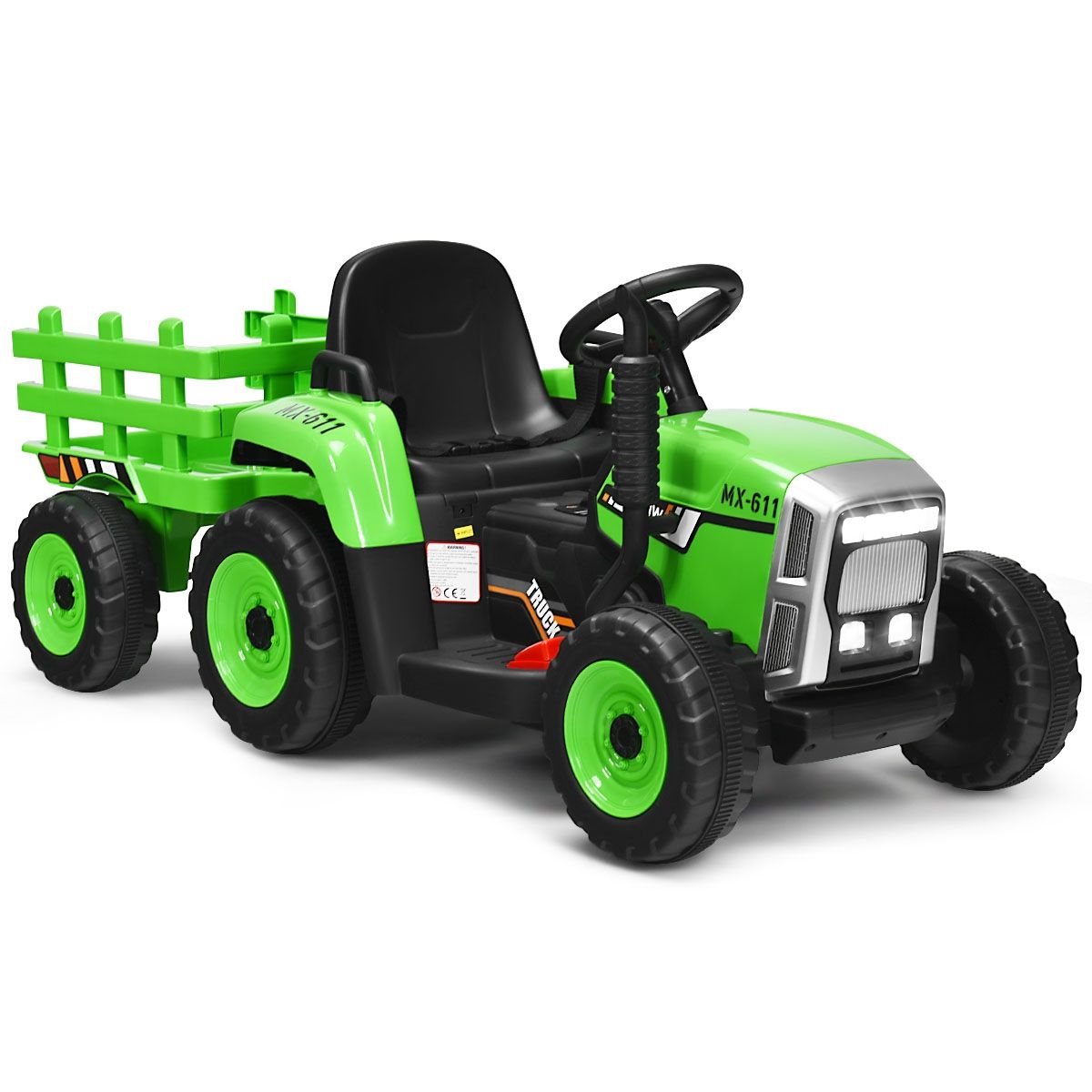 Tracteur Electrique avec Remorque pour Enfants 3 Vitesses Lumières LED Fonctions Audio USB et Bluetooth Jaune/Rose/Rouge/Vert/Vert Foncé/Noir
